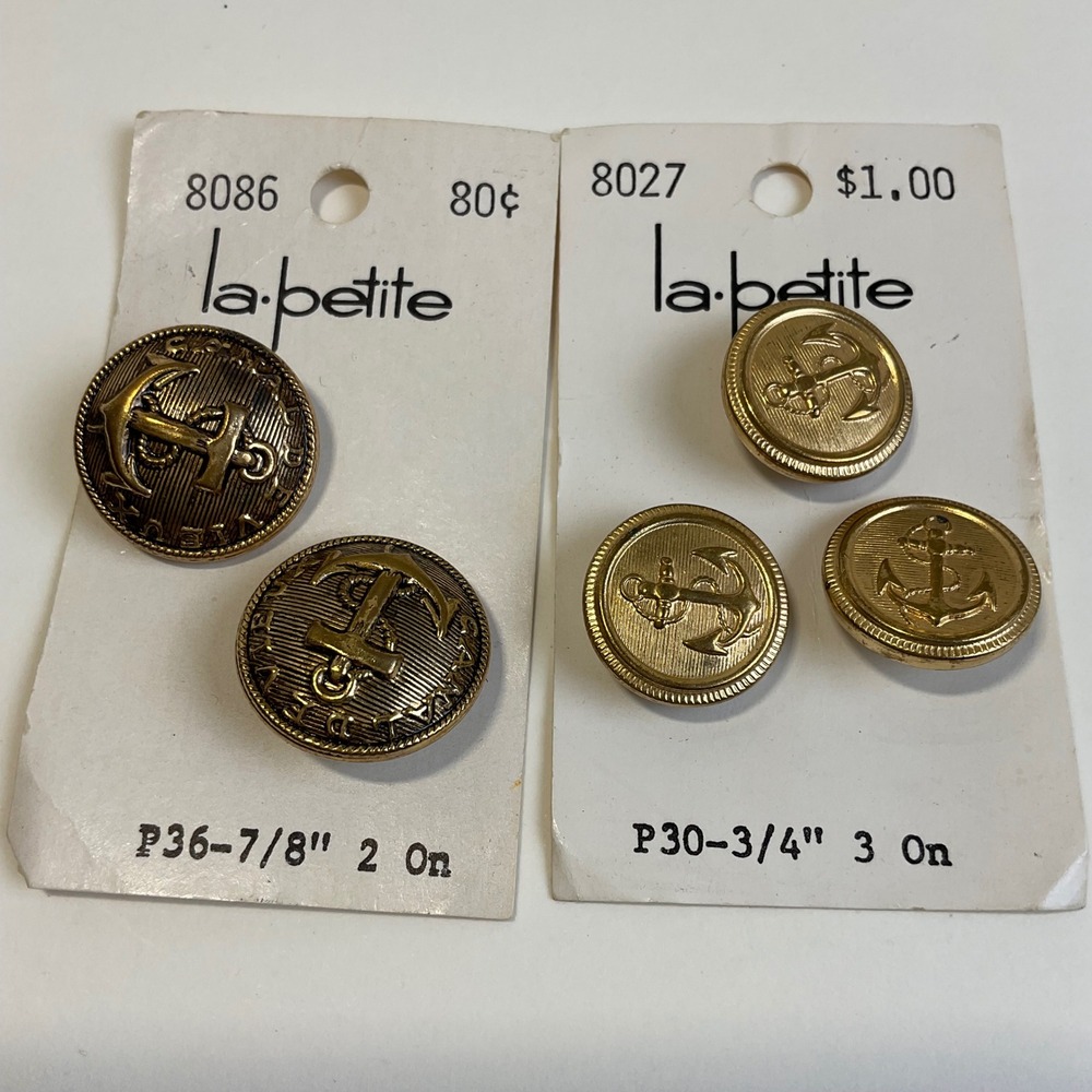 Vintage La Petite Brass Tone Anchor Buttons Nautical 7/8 and 3/4 Inch Lot of 5
